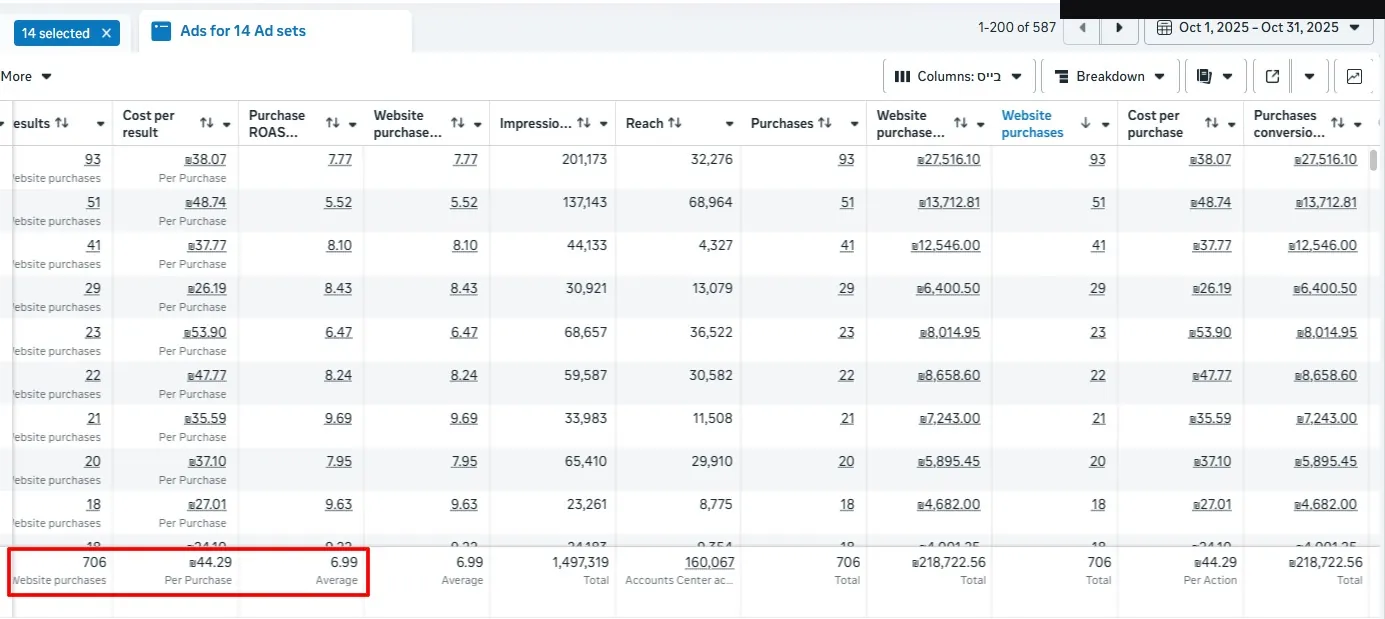 צילום מסך מ-Meta Ads Manager של חנות איקומרס, 706 רכישות ו-218,723 שקלים בחודש