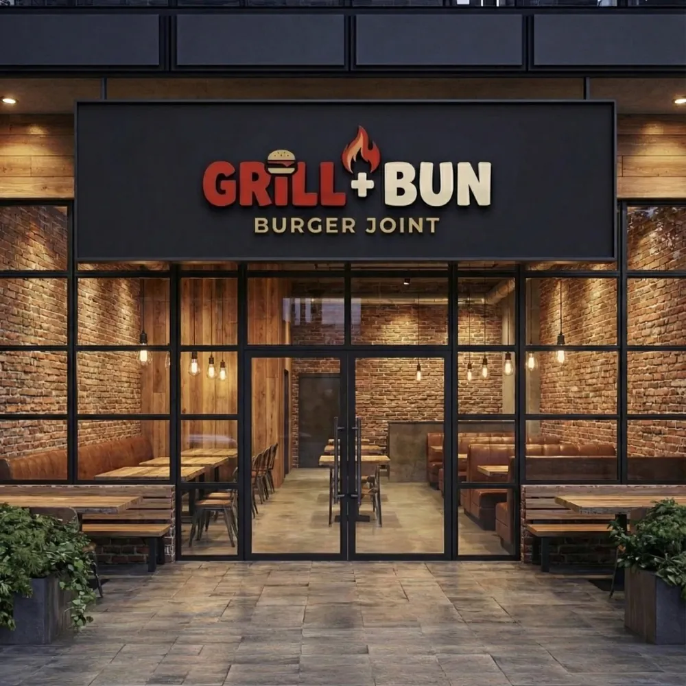חזית מסעדה בשעת דמדומים, שלט שחור עם הלוגו Grill+Bun Burger Joint, פנים של לבנים ועץ