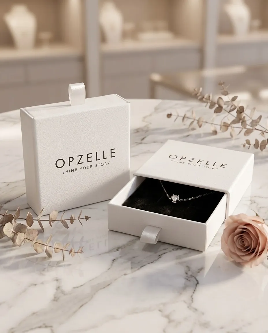 שתי קופסאות לבנות של OPZELLE, באחת מגירה פתוחה עם שרשרת, לצד ורד