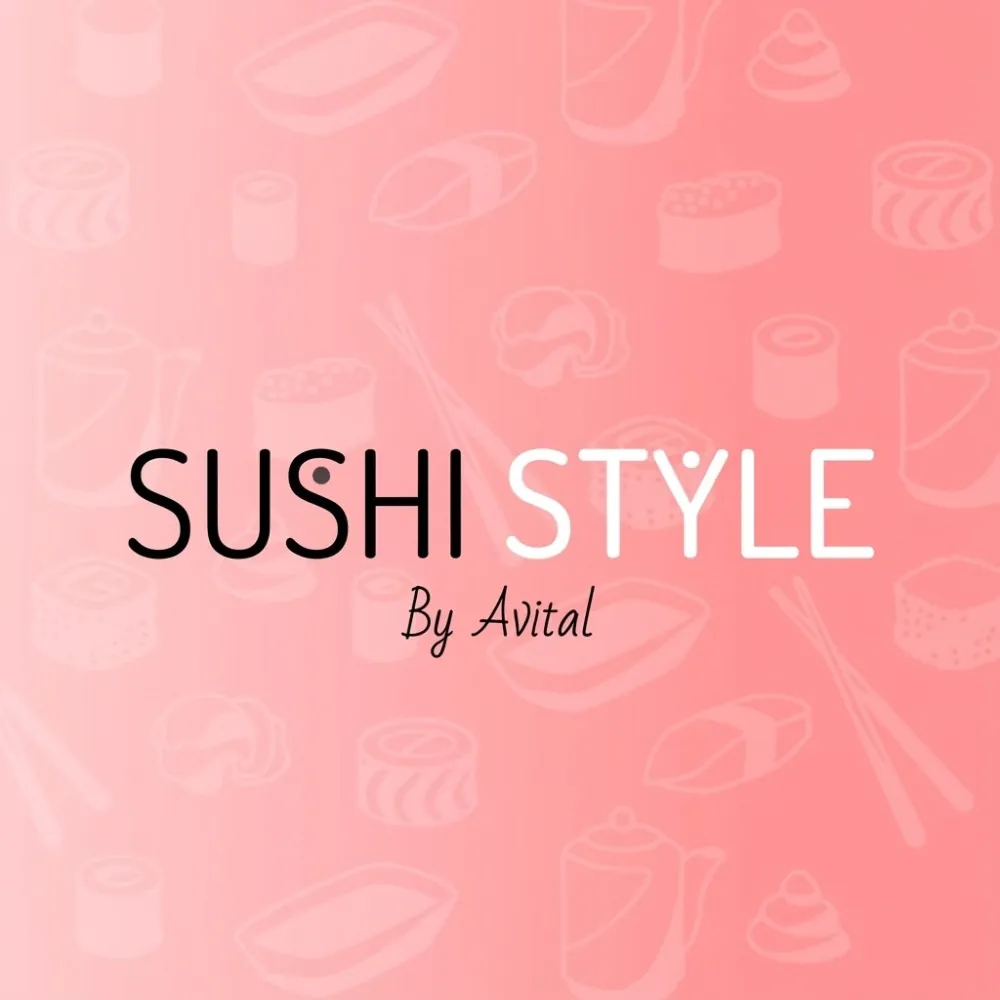 הלוגו של Sushi Style By Avital על רקע ורוד סלמון עם דוגמה של אייקוני סושי