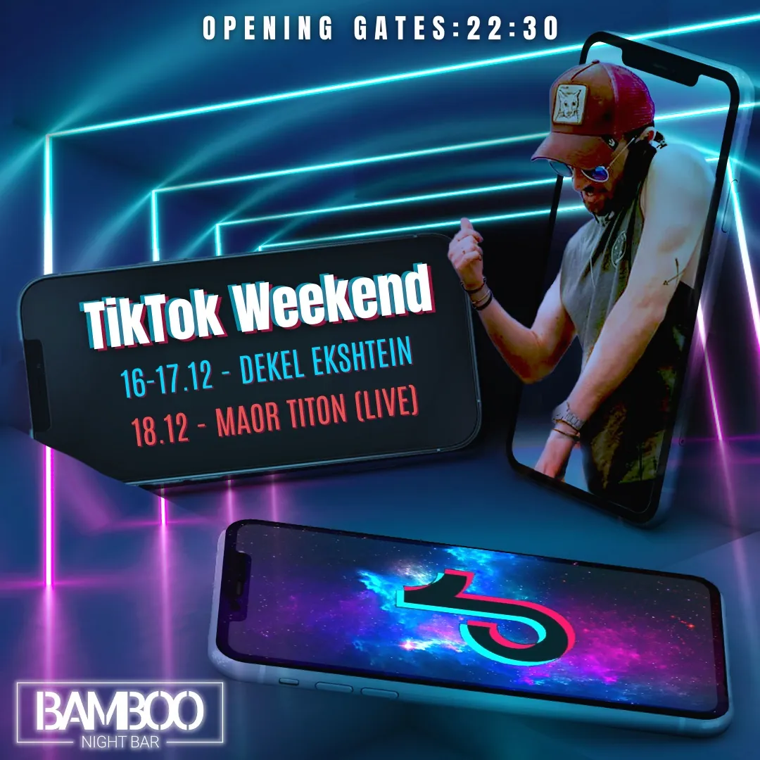הזמנה של Bamboo Night Bar לסוף שבוע בסגנון TikTok, טלפון עם לוגו על רקע כחול