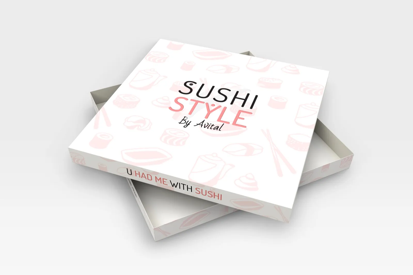 הדמיית קופסה לבנה של Sushi Style עם הלוגו והדוגמה הגרפית