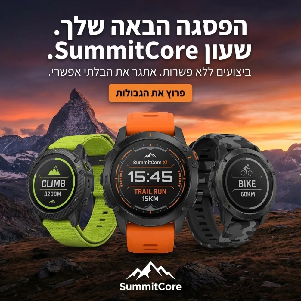 מודעה לשעוני SummitCore, שלושה שעוני ספורט מול נוף הרים